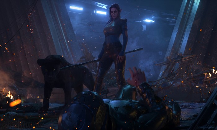 Woman with panther and fallen warrior