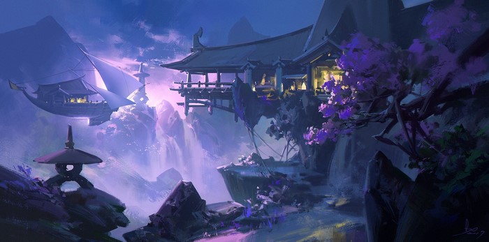 Fantasy art of a floating island with a temple and airship