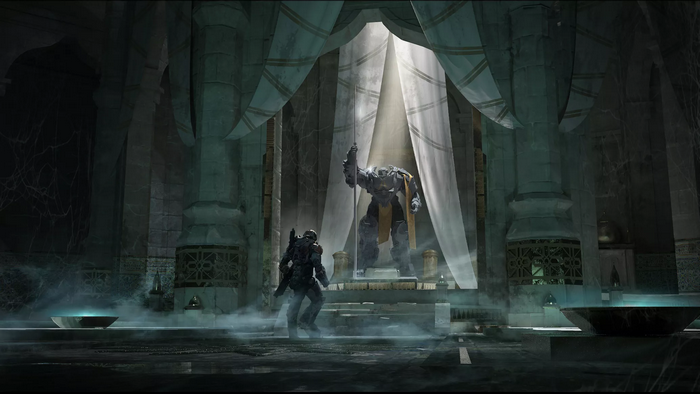 Anthem: Javelin confronts a statue in a grand hall