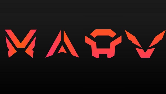 Four abstract logos with orange and red gradient on black background