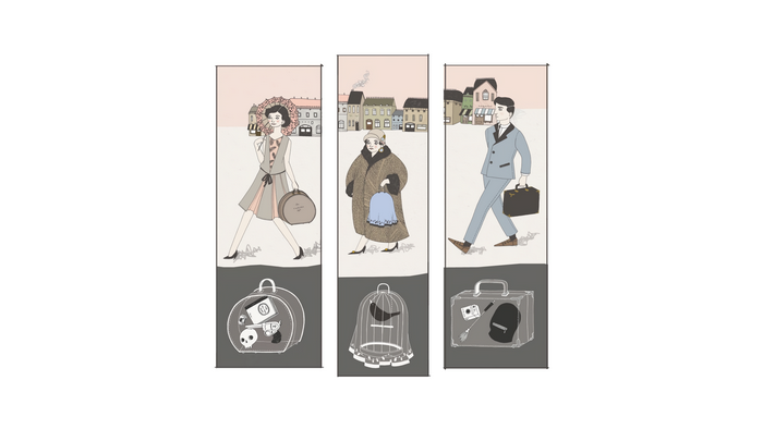Collage of three vintage-style illustrations of people and their belongings