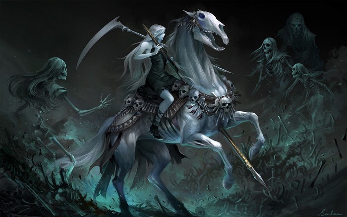 Fantasy girl riding a skeletal horse with reapers