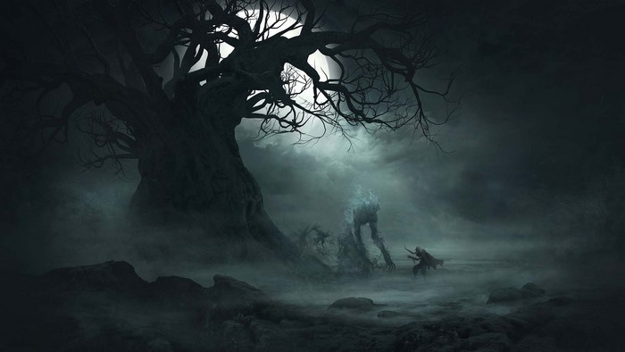 Fantasy art of a creature and a person under a moonlit tree