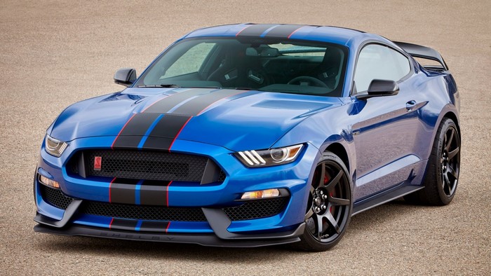 Blue Ford Shelby GT350 Mustang with racing stripes
