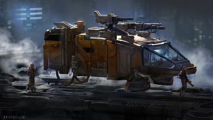 Futuristic transport spaceship with armed turrets and crew
