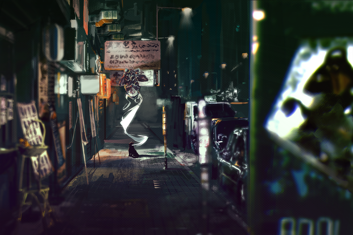 Anime city street with a cat and a spirit