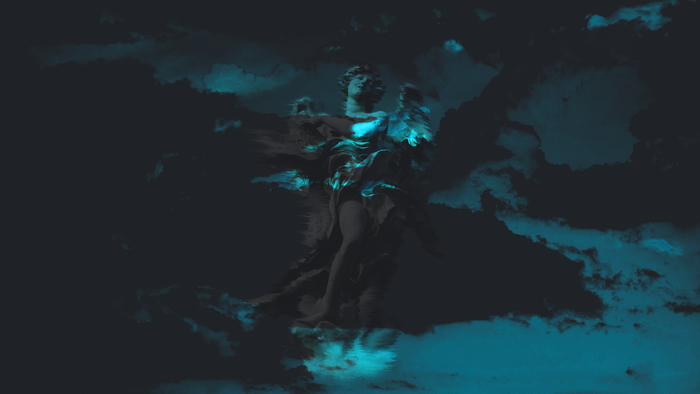 Glitch art statue of an angel in clouds