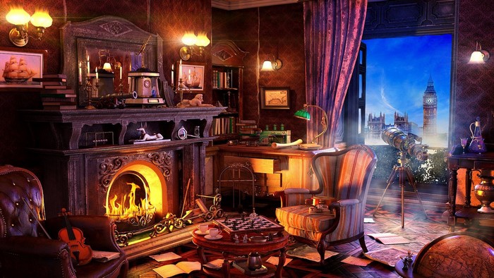 Victorian study with fireplace, chess, and view of Big Ben