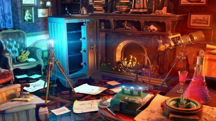 Detective's study with fireplace, safe, and telescope