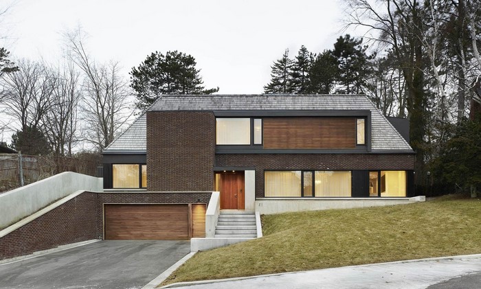 Modern brick house with garage and large windows