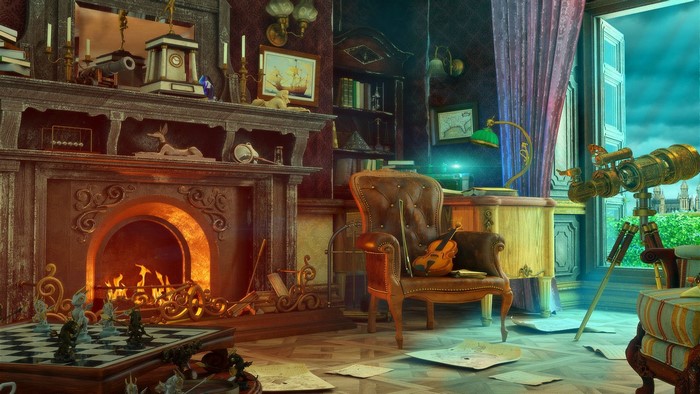 Explorer's study with fireplace, telescope, and chess