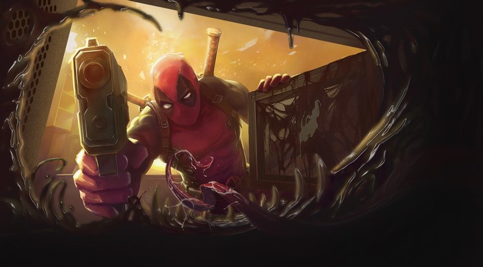 Deadpool holding a gun and a broken frame