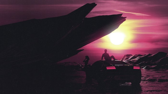 Couple by a car at sunset with alien landscape