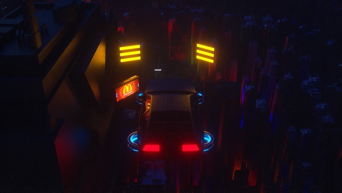 Futuristic DeLorean car in a neon city