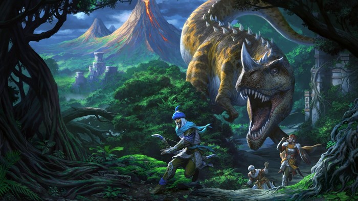 Fantasy art of a dinosaur attacking people in a jungle