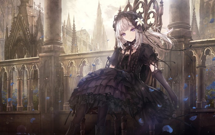 Gothic Lolita anime girl with purple eyes in a castle