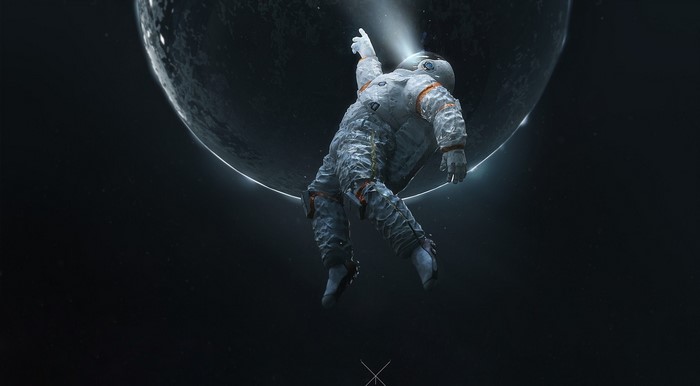 Astronaut floating in space near a planet