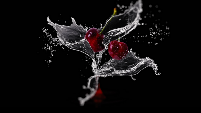 Cherries splashing in water on black background