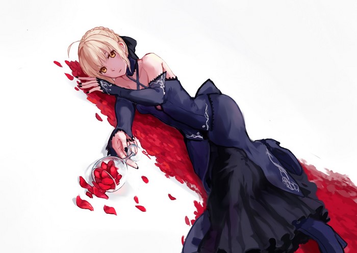 Saber Alter from Fate/Stay Night lying down with rose petals