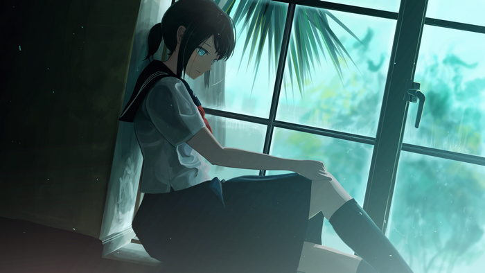 Anime girl in school uniform by the window
