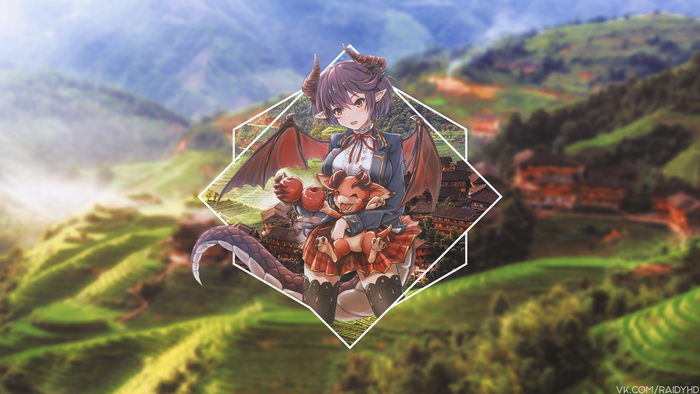 Anime girl with dragon and apples in terraced landscape