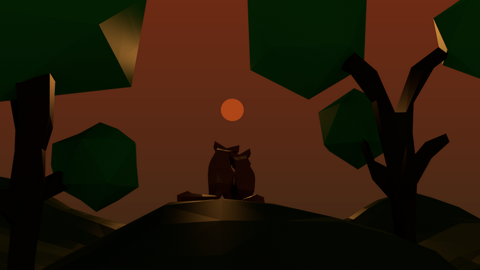Two foxes sitting on a hill at sunset
