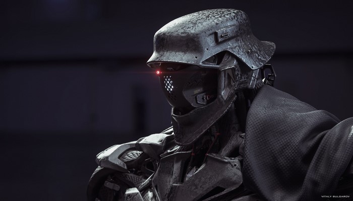 Futuristic robot with helmet and red eye