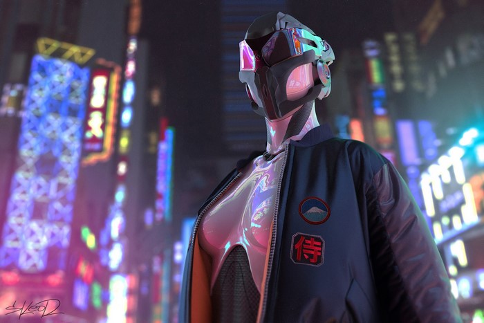 Robot in futuristic city by Tony Skeor
