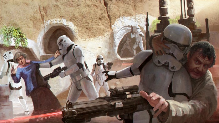 Stormtroopers apprehending civilians on Tatooine