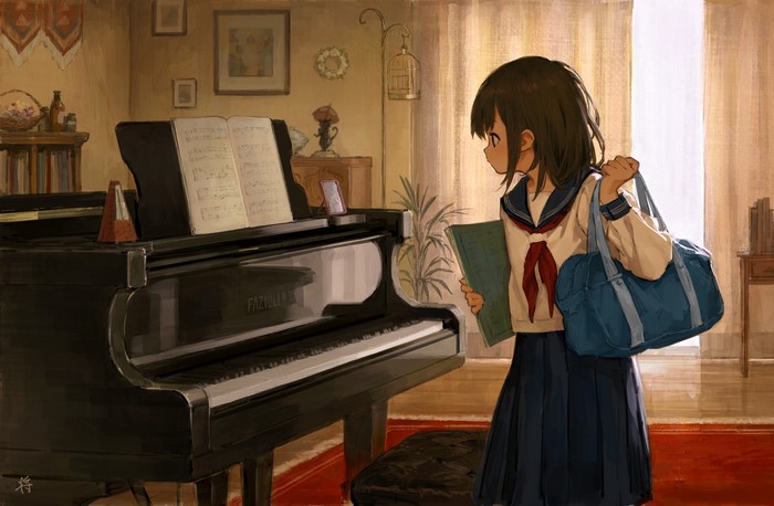 Anime Girl in School Uniform Playing Piano