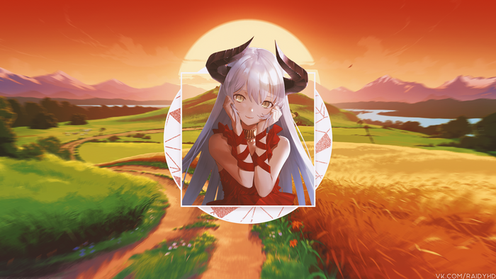 Anime girl with horns in a red dress