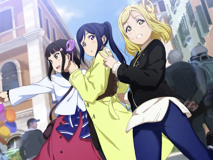 Three anime girls from Love Live! Sunshine walking