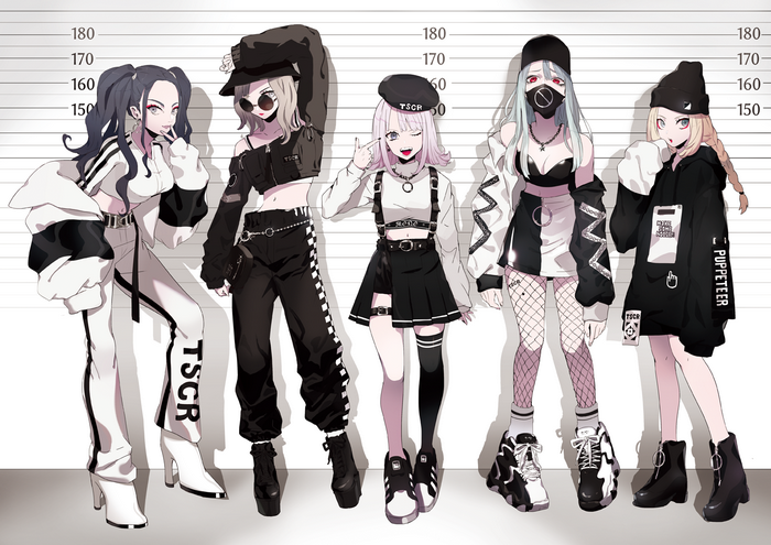 Five anime girls in streetwear posing for a mugshot