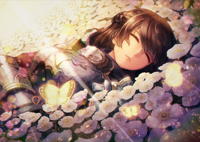 Anime girl sleeping in a field of flowers with butterflies