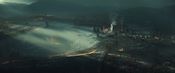 Industrial landscape with smoke and lights