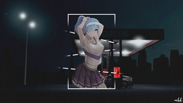 Rem from Re:Zero at a gas station at night