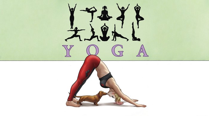 Harley Quinn and dog doing yoga poses