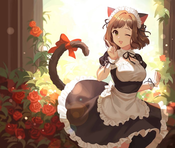 Maekawa Miku cat girl maid with roses