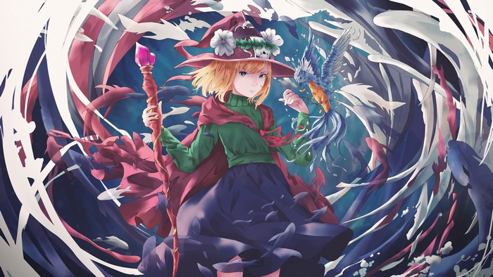 Fantasy girl with a bird and a staff