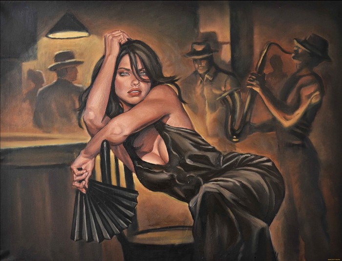 Woman in black dress with fan at jazz club