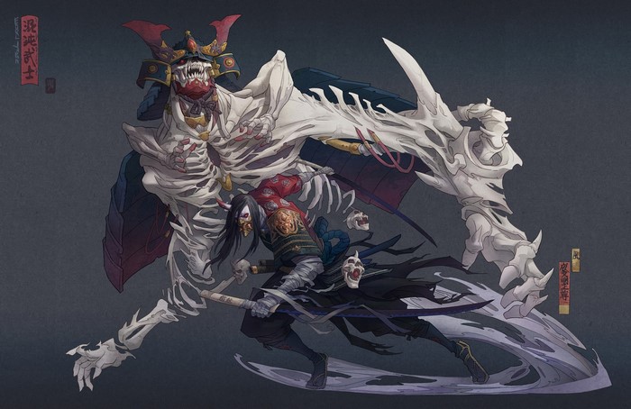 Samurai warrior fighting a skeletal creature