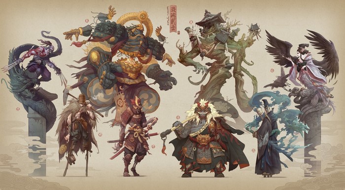 Fantasy warriors and mythical creatures in Japanese armor