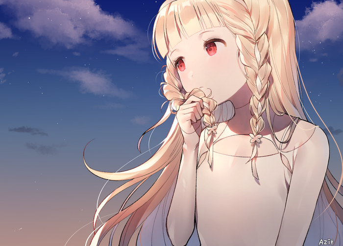 Anime girl with blonde braids and red eyes