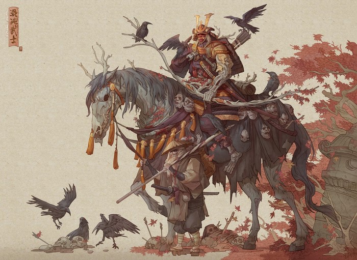 Samurai on a skeletal horse with crows and skulls