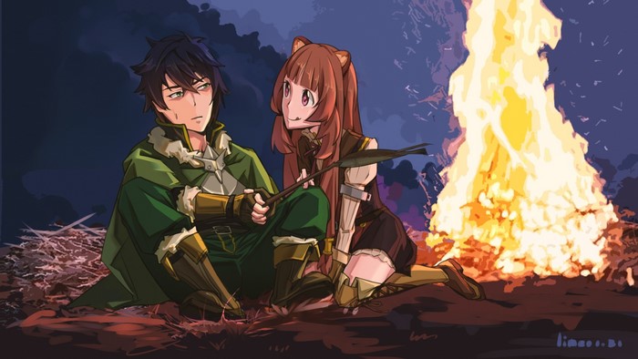 Raphtalia and Iwatani Naofumi from The Rising of the Shield Hero by a campfire