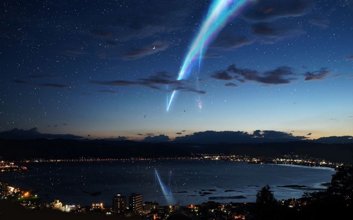 Kimi no Na Wa: Comet over a City and Lake at Night