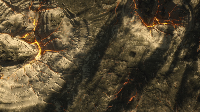 Abstract landscape with glowing lava fissures