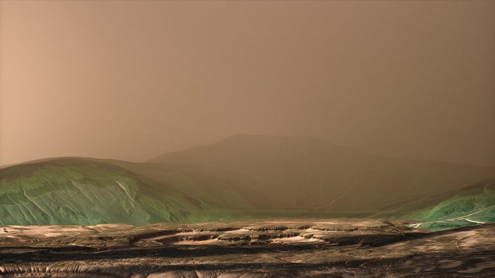 Digital landscape concept art with mountains and rocky foreground