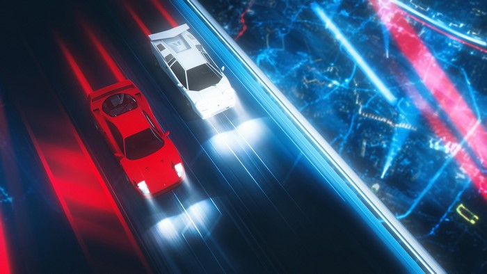 Red and white Lamborghini cars racing on a neon road