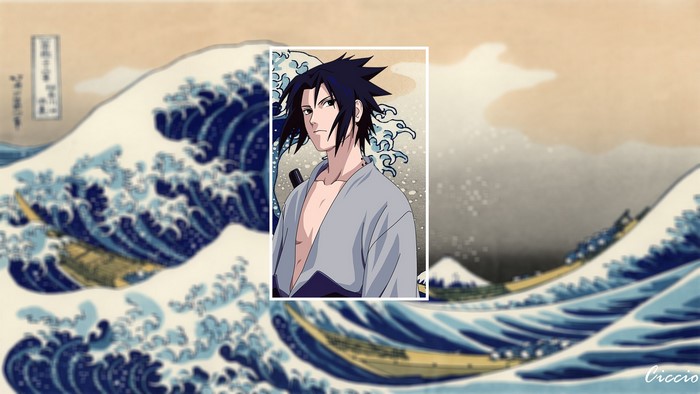 Sasuke Uchiha from Naruto in front of The Great Wave off Kanagawa